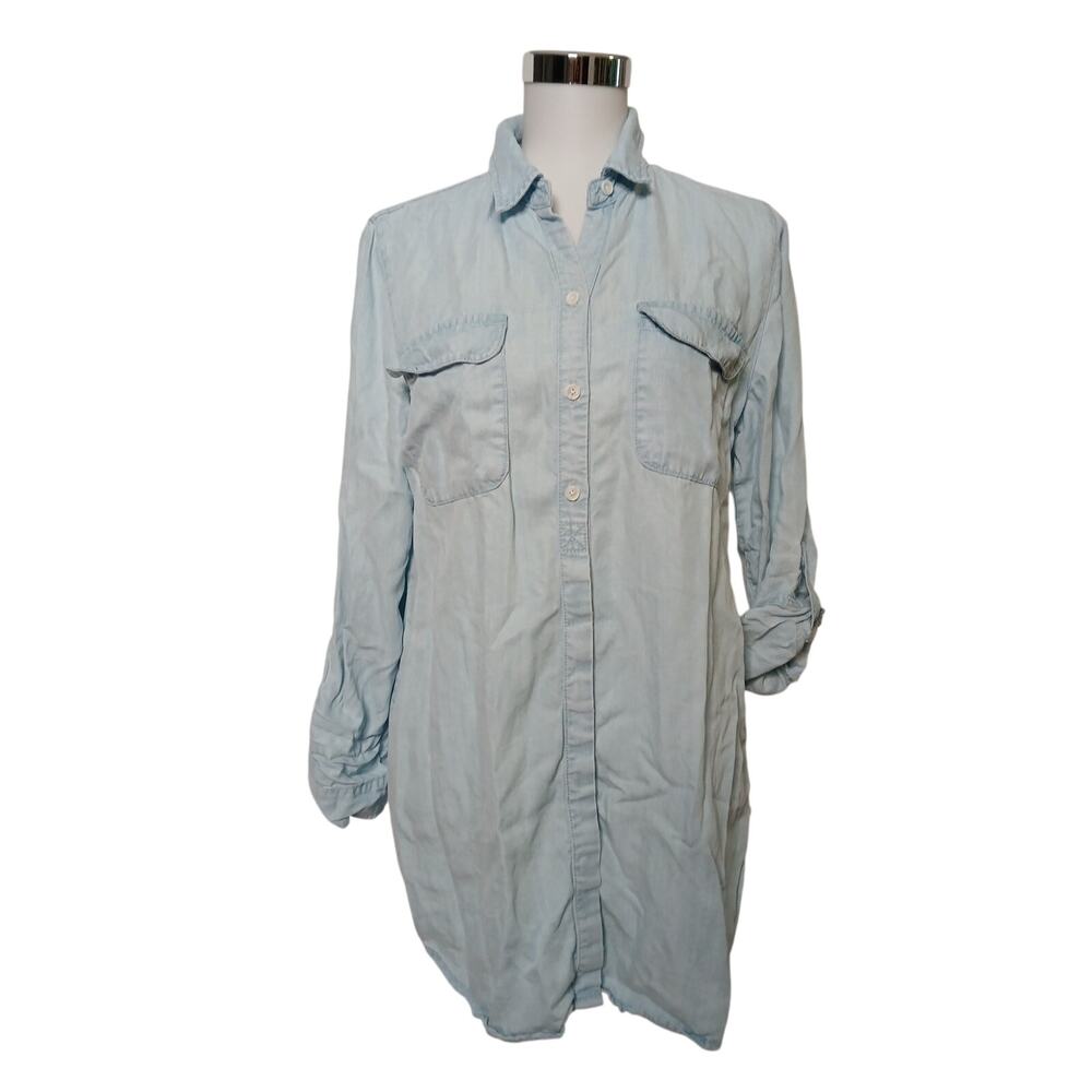 Chico's Long Sleeve Chambray Button Front Shirt Lyocell Soft Popover Roll Cuff